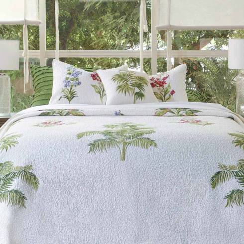 Tropical Cotton Ivory Green Quilted Bedspread