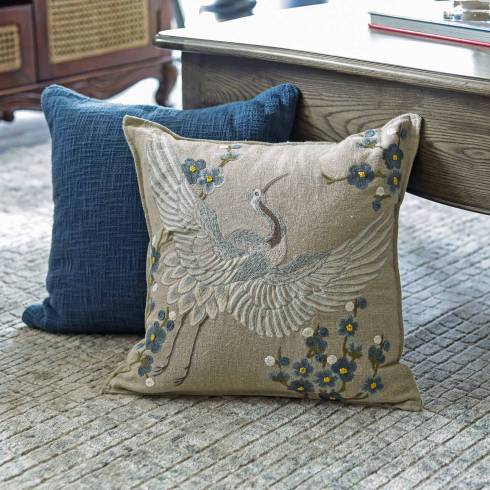 Cranes & Flora Blue Cotton Cushion Cover