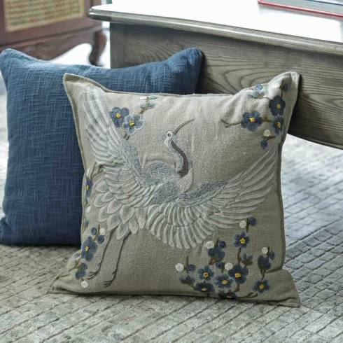 Cranes & Flora Blue Cotton Cushion Cover