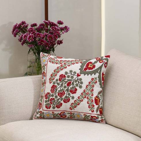 Vintage Suzani 2 Cotton Natural Red Cushion Cover