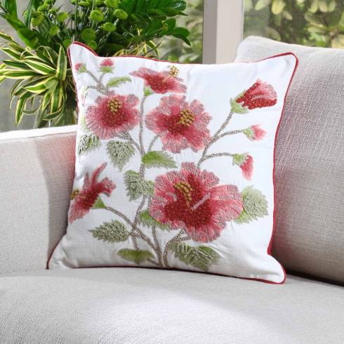 Hibiscus Cotton Ivory Red Cushion Cover