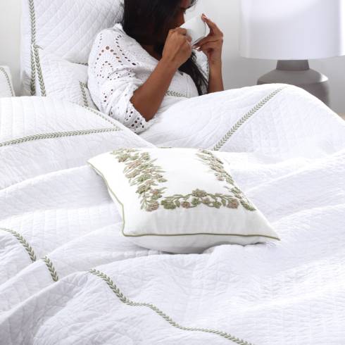 French Trellis White Olive Quilted Bedspread