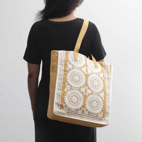 Valentine Mustard Cotton Embroidered Handbag 