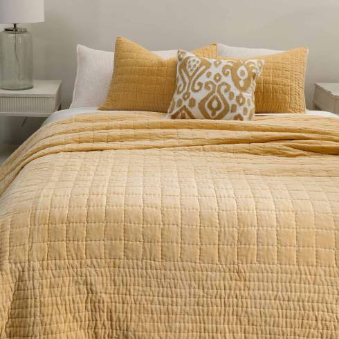 Channel Grid Cotton Velvet Yellow Quilted Bedspread