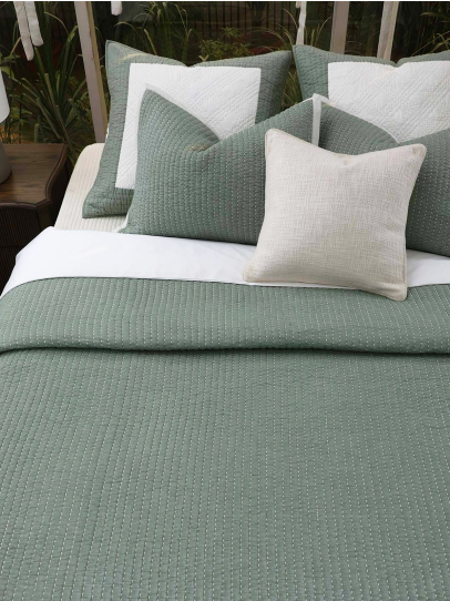BEDSPREAD QUILTED KANTHA MELANGE GREEN IVORY 239X259 CM
