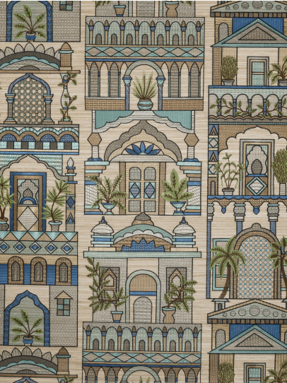 EMBROIDERED WALL COVERING PALAIS BLUE/BEIGE