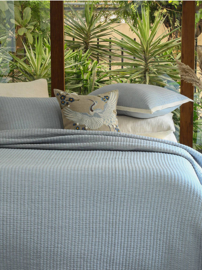 BEDSPREAD QUILTED KANTHA MELANGE BLUE-IVORY 239X259 CM