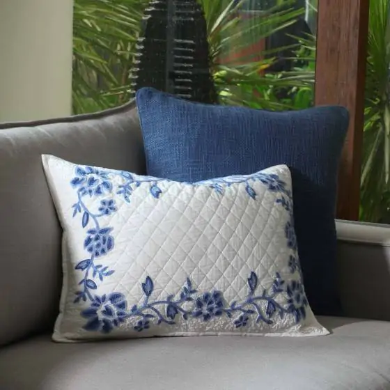 Blossom Cotton Ivory Blue Cushion Cover