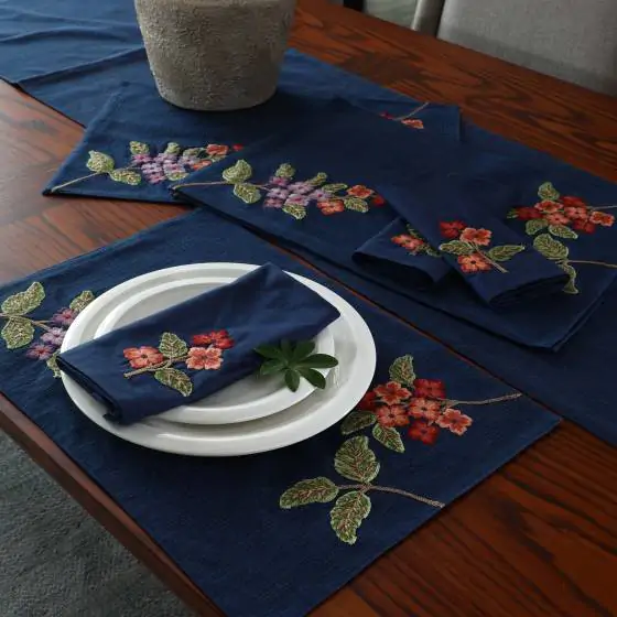 Morning Glory Cotton Navy Maroon Placemat Set