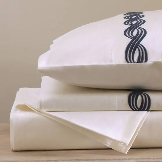 Cable Cotton Percale 300 TC Ivory Navy Flat Sheet Set