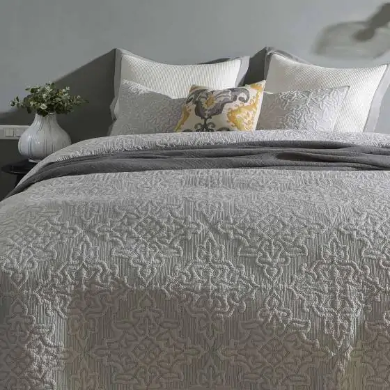 Damask Grey Cotton Quilted Bedspread