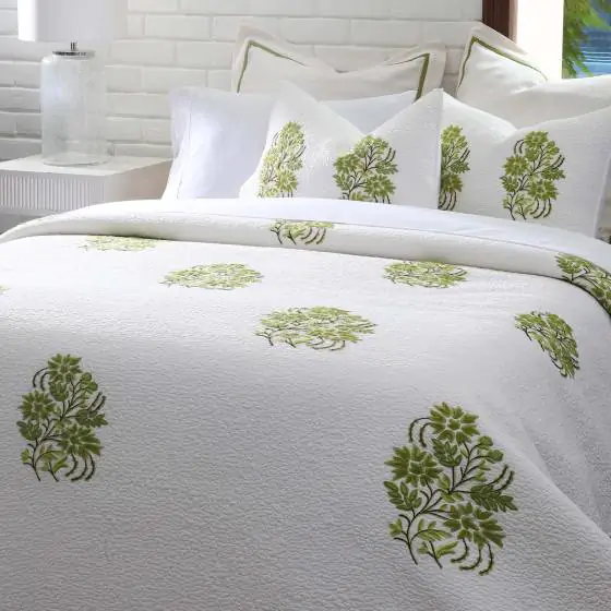 Vardant Garden Cotton Ivory Green Quilted Bedspread 