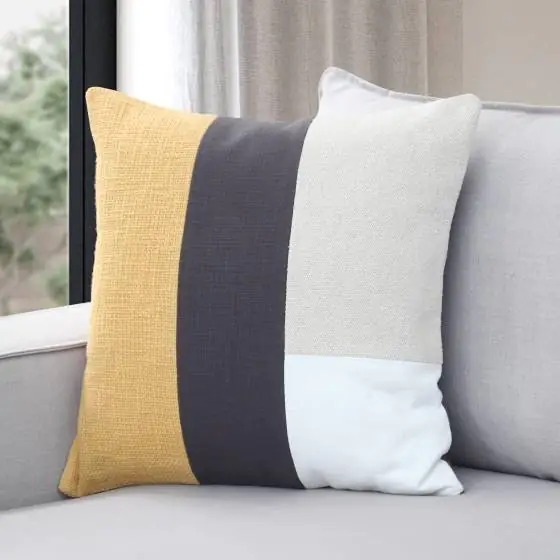 Geo Linear Cotton Yellow Charcoal Cushion Cover 