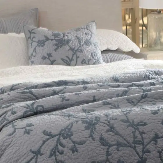 Etoile  Blue/Dark Grey Cotton Quilted Bedspread 